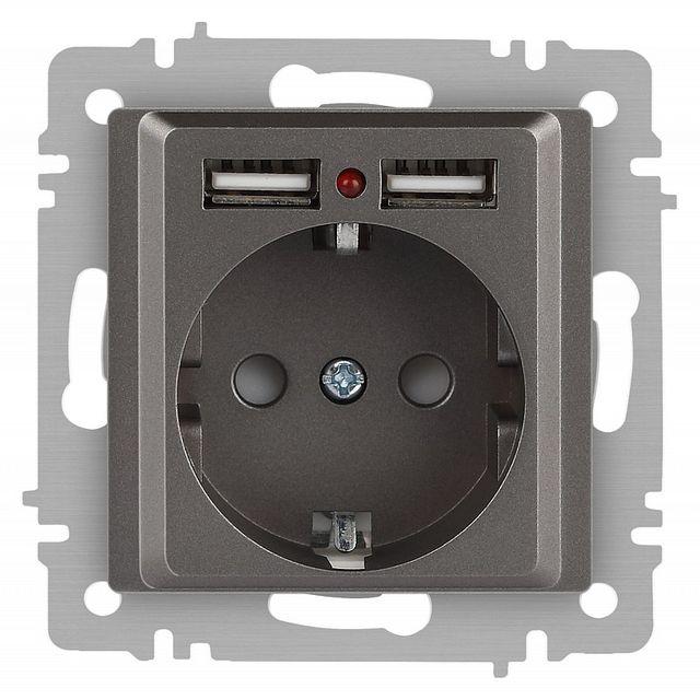Розетка Intro Accent 6-410-09 с заземлением 2P+E Schuko со шторками 16А-250В + 2хUSB IP20 С