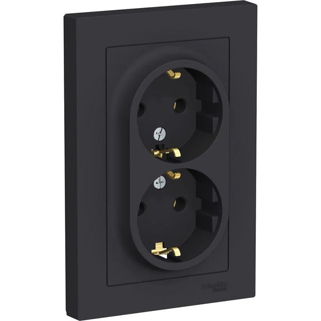 Розетка двойная с заземлением Atlas Design, 16А, в сборе, карбон, Systeme Electric