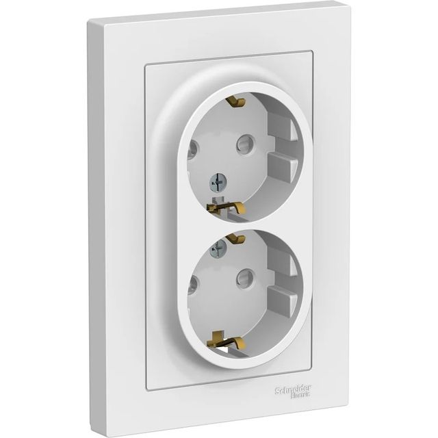 Розетка двойная с заземлением со шторками Atlas Design, 16А, в сборе, белый, Systeme Electric
