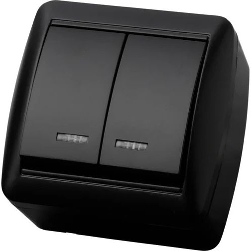 Выключатель 2-клавишный открытой установки с подсветкой IP44 10А графит Селигер TDM