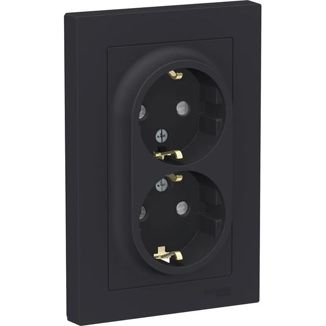 Розетка двойная с заземлением со шторками Atlas Design, 16А, в сборе, карбон, Systeme Electric