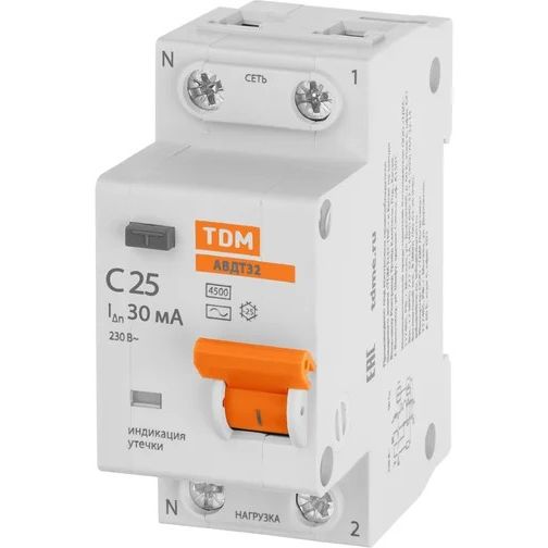 АВДТ 32 2P(1P+N) C25 30мА 4,5кА тип АС - Автомат Выключатель Дифференциального тока TDM