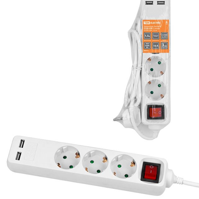 Удлинитель бытовой У03В-USB 3 гнезда, 2USB 2,4А, 1,5 м, вык., з/к, ПВС 3х0,75мм2 10А/250В белый TDM