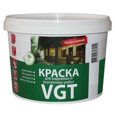 Краска ВД-АК-1180 ВГТ для наружных и внутренних работ моющаяся супербелая 7кг