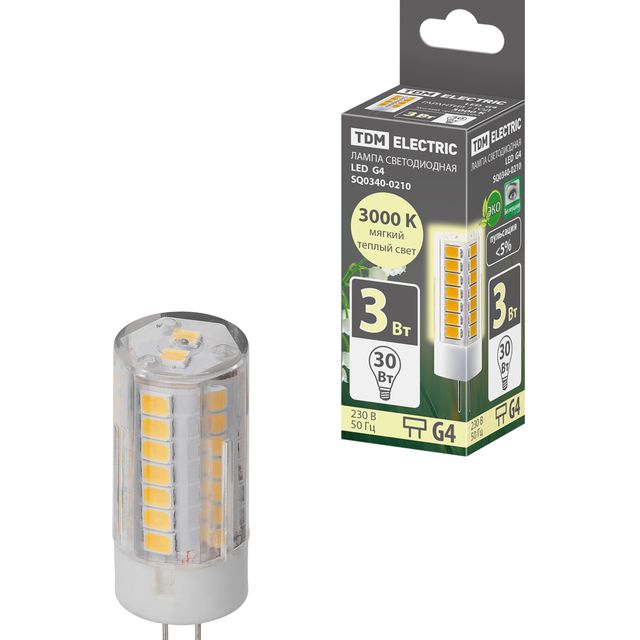 Лампа светодиодная G4-3 Вт-230 В-3000 К, SMD, 16*43 мм TDM