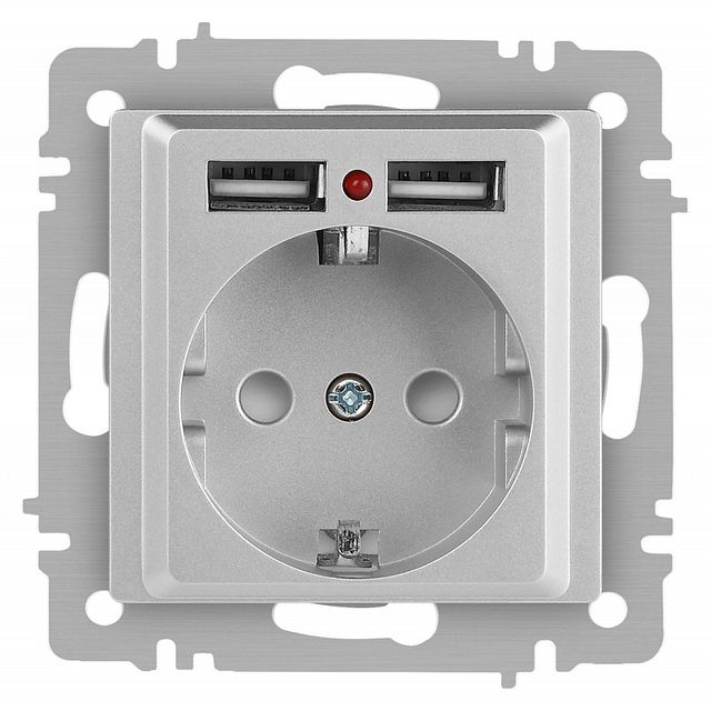 Розетка Intro Accent 6-410-03 с заземлением 2P+E Schuko со шторками 16А-250В + 2хUSB IP20 С