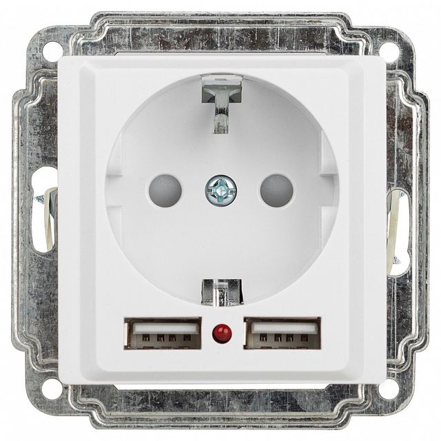 Розетка Intro Accent 6-410-01 с заземлением 2P+E Schuko со шторками 16А-250В + 2хUSB IP20 С