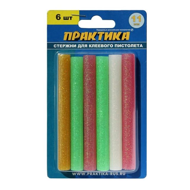 Клей для клеевого пистолета 11*100мм цветной с блестками 6шт. Практика