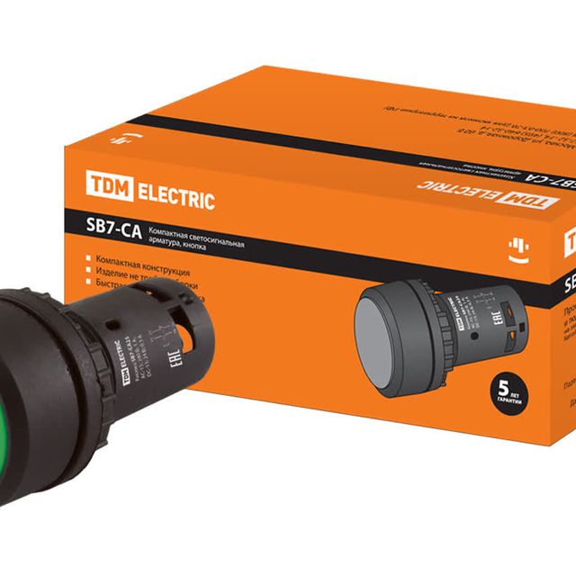 Кнопка SB7-CA35 с возвратом, 1НО+1НЗ, d22 мм, зеленая, IP54 TDM