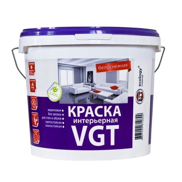 Краска ВД-АК-2180 ВГТ интерьерная база А влагостойкая супербелая 3кг