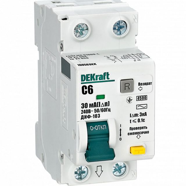 Автоматический выключатель диф. тока АВДТ 1Р+N 6А 30мА тип AC х-ка C ДИФ-103 4.5кА DEKraft