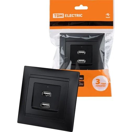 Розетка 2,1А 5В + 2 USB порта графит Лама TDM
