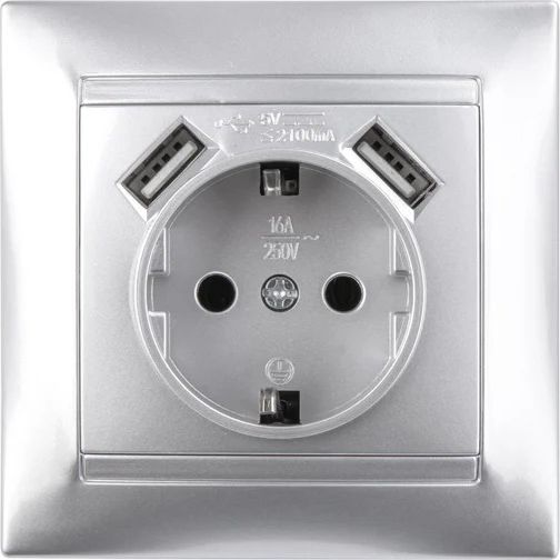 Розетка с USB 2 порта 2,1А 5В с/з серебристый металлик 2П 16А 250В серия Лама TDM