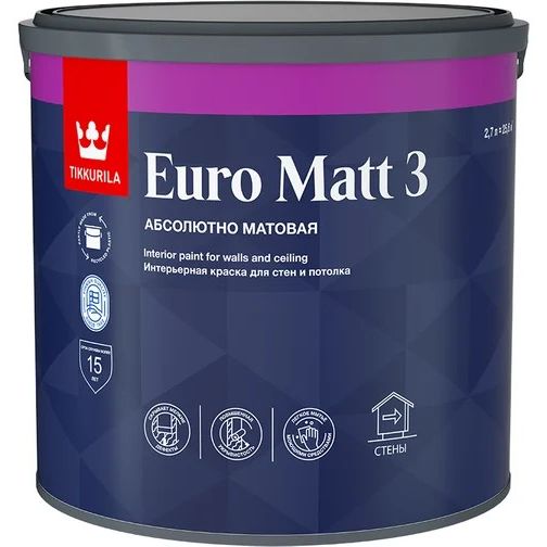 Краска Euro Matt 3 для стен и потолков глубокоматовая база A 9л TIKKURILA
