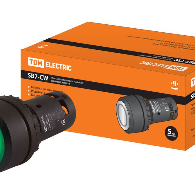 Кнопка SB7-CWL3365 с фиксацией, 1НО+1НЗ, d22 мм, с подсветкой 220 В LED, зеленая, IP54 TDM