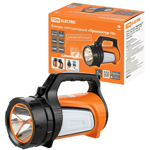 Фонарь светодиодный "Прожектор 10" аккум 10 Вт LED+12 SMD+12 SMD, 350 лм, 3,7 В 2,4 А*ч, USB, TDM