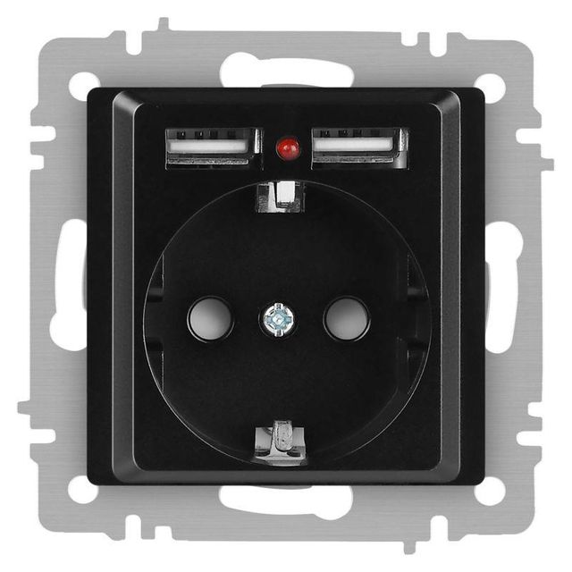 Розетка Intro Accent, P+E Schuko со шторками, 16А-250В + 2хUSB, IP20, СУ, антрацит