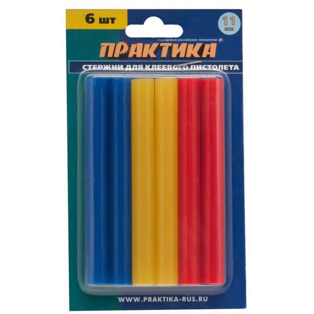 Клей для клеевого пистолета 11*100мм цветные 3 цвета 6шт. Практика