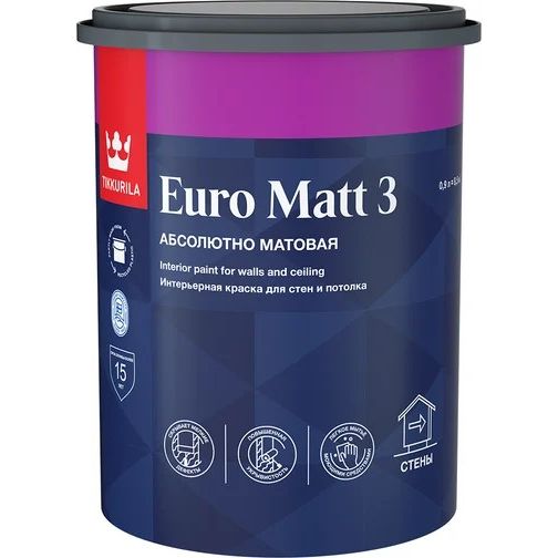 Краска Euro Matt 3 для стен и потолков глубокоматовая база A 0.9л TIKKURILA
